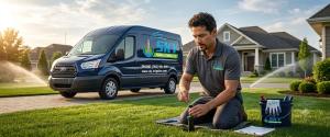 Sky Irrigation technician repairing a lawn sprinkler head during a Tyler, TX summer